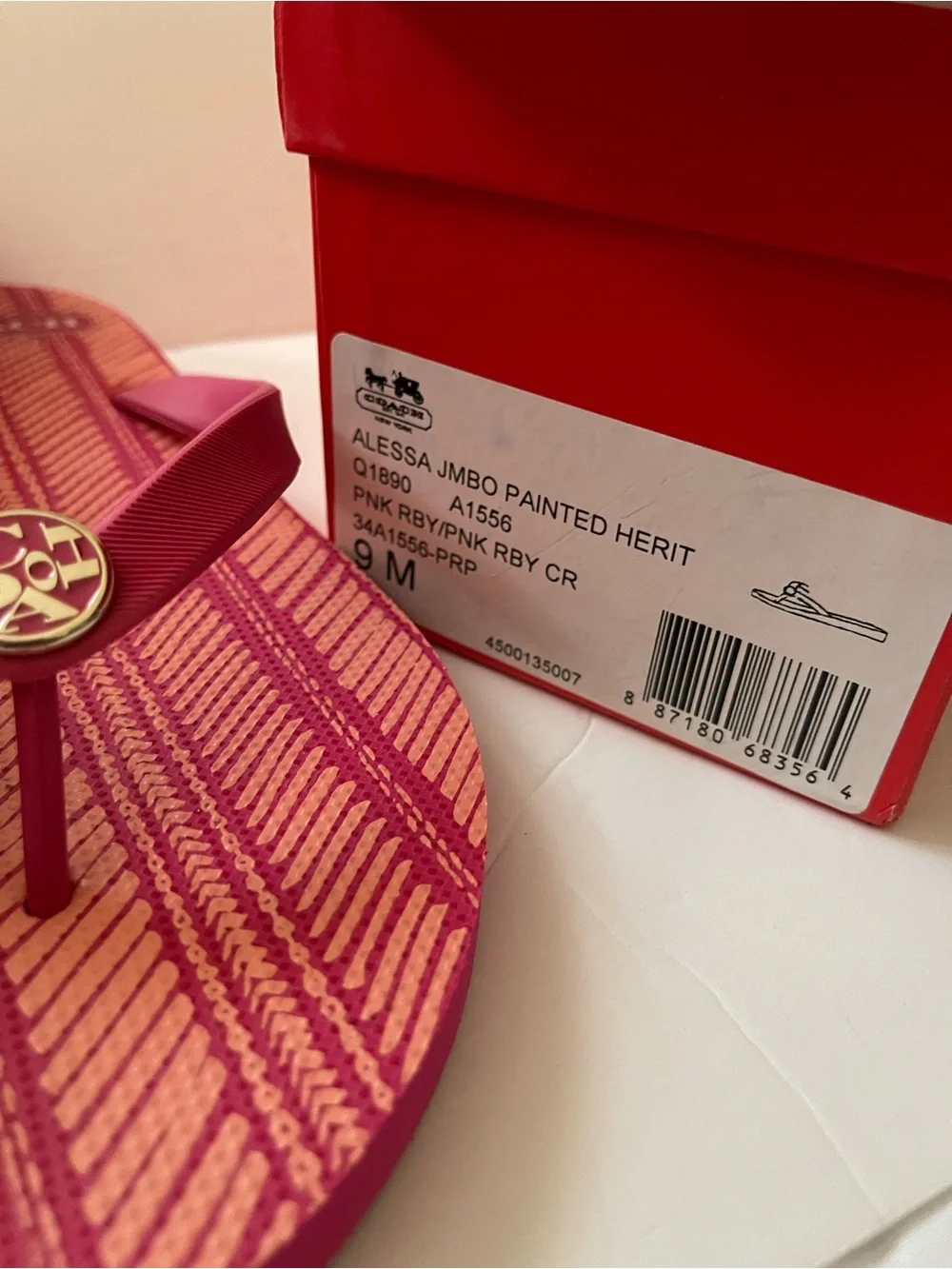 COACH Alessa Heritage pink/ruby stripped flip flops size 9M- NWT**